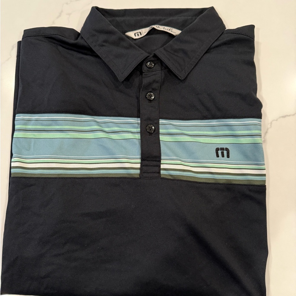 Travis Mathew Black Polo Shirt with Horizontal Stripes L Black & Green